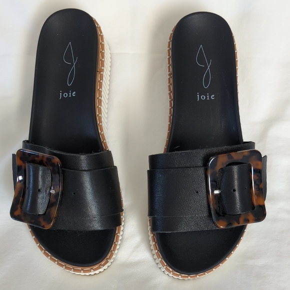 Joie Shoes - Joie Lyla Black Leather Platform Slide Sandals with Tortoise Buckle - Size 7.5